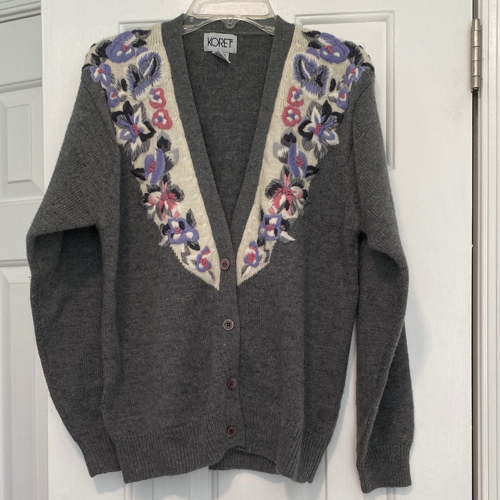 Koret Charcoal Cardigan with Floral Embroidery